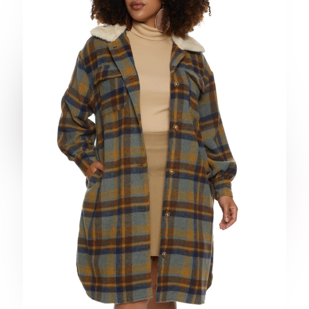 Faux Fur Collar Plaid Print Shacket - Brown